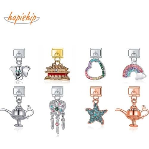 Hapiship Original Daisy Fashion Rainbow Heart Starfish Elephant Charm Links Fit 9mm Bracelet Stainless Steel DIY Making DJ329