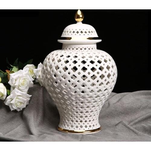 Golden Stroke Ceramics Vase European Living Room Decor Plant Pots Retro Hollow Out Restaurant Desktop Dried Flowers Organizer