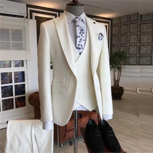 Traje Hombre 2021 Costume Homme Slim Fit Ivory Double Breasted Vest Formal Dress Male Suit Mens Groom Tuxedos Suit For Wedding