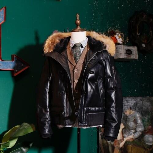 CDN2B Cidu Big Size Super Warm Mens Genuine Italian Sheep Leather Coat Real Fur Collar 480G 90% Goose Feather Down Jacket