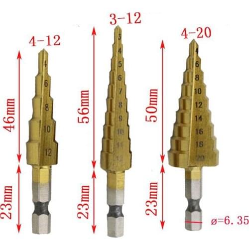 Z50 3pcs 3-12mm 4-12mm 4-20mm HSS Straight Groove Step Drill Bit Set Titanium Coated Wood Metal Hole Cutter Core Drill Bit Set