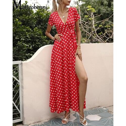 Polka Dot Print Maxi Dress Women Spring Summer Fashion Sexy V-Neck Casual Split Boho Ladies Beach Vacation Party Long Robe Dress