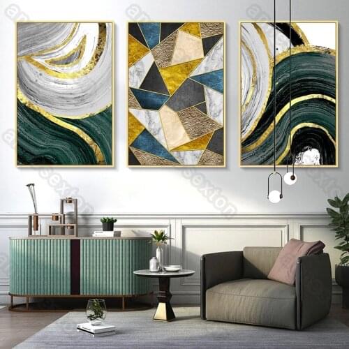 European Style Canvas Painting Posters Abstract Lines and Geometries Deep Green Golden White Colors for Home Rooms Wall Decorati