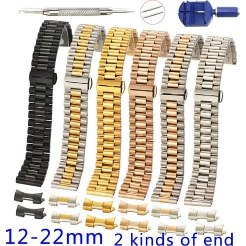 Stainless Steel Watch Strap 12 13 14 16 17 18 19 20mm 21 22mm Watch Band 3Rows Flat Curved End Replacement Watchbands with Tools