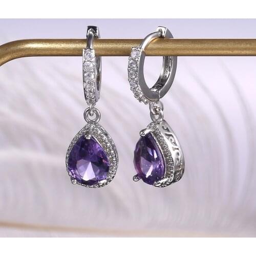Luxury Female Crystal Purple Stone Earrings Fashion Silver Color Hoop Earrings Vintage Double Earrings For Women