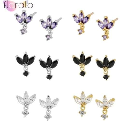 Trendy 925 Sterling Silver Ear Needle Three Zircon Black/White/Purple Stud Earring for Women Gold Silver Small Piercing Jewelry