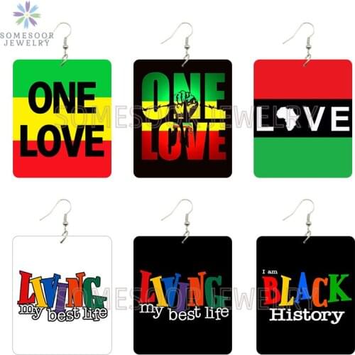 SOMESOOR Africa Colors One Love Rectangle Wooden Drop Earrings Black History Living Best Life Sayings Printed Dangle Women Gifts
