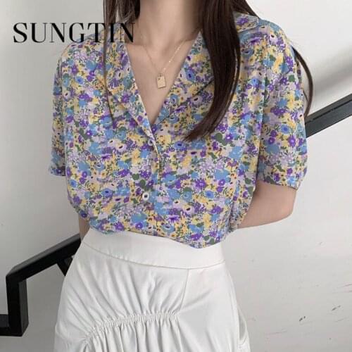 Sungtin Printed Short Women Floral Blouses Soft Loose Female Flower Shirts Print Blusas Mujer Sweet Short Sleeve Korean Summer