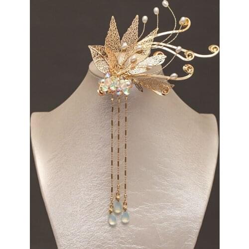 Chinese Traditional Feminine Costume Ancient Hairpin Fresh Super Fairy-tale Style Leaf Design Tassel Step Shaking Headdress