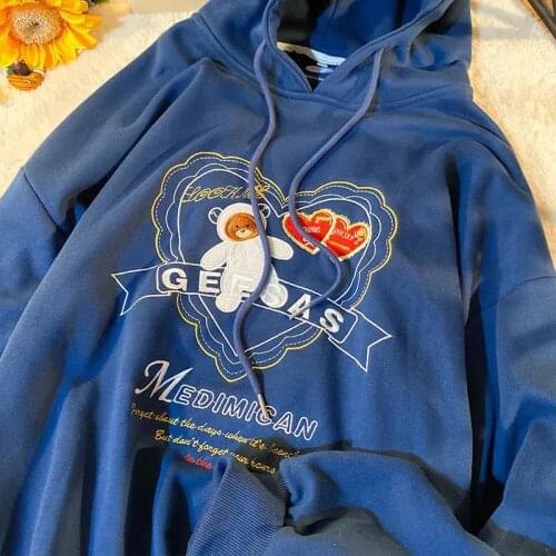 Ins Universe Bear Embroidery Hoodies Original Design Hip Hop Streetwear Women Fashion Sweatshirts 2021 New Fashion Teens Clothes