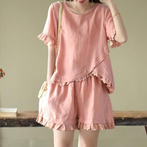 Ladies Pure Cotton Casual Suit Summer Imitated Cotton Linen Large Size Irregular Loose Wide Leg Shorts Two-piece Set