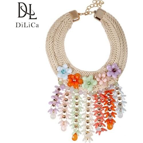 DiLiCa Hand-knitted Chokers Necklaces Women Flower Tassel Statement Necklace Bohemian Jewelry Pendants Necklaces