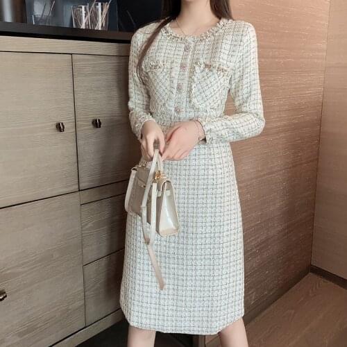 High Quality New Fashion Women Long Sleeve Tassel Tweed Dresses 2020 Autumn Winter Beading Office Work Vesitdos