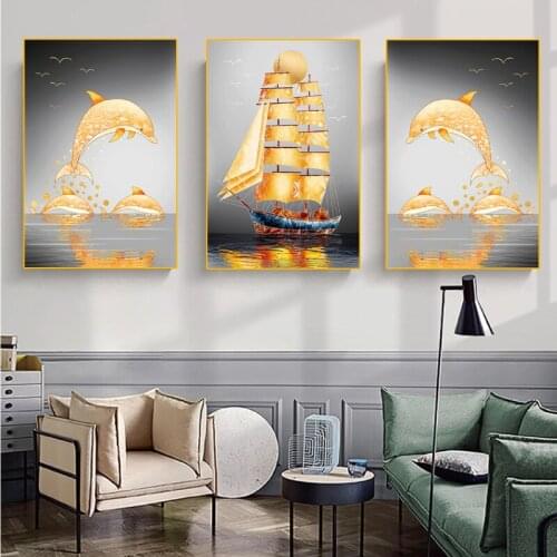 Animal Dolphin Canvas Painting Golden Sailboat Posters and Prints Wall Pictures Nordic Simplicity Living Room Home Decoration