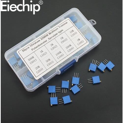 50pcs/lot Variable resistors set 3296W series 500R 1K 2K 5K 10K 20K 50K 100K 200K 1M multi-turn potentiometer 10K