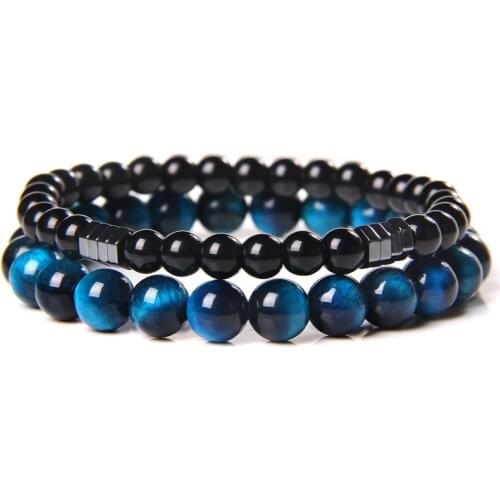 2pcs/set Fashion Couples Bracelet 8mm Natural Tiger Eye Stone Beads Bracelet Men Women Hematite Handmade Elastic Energy Bracelet