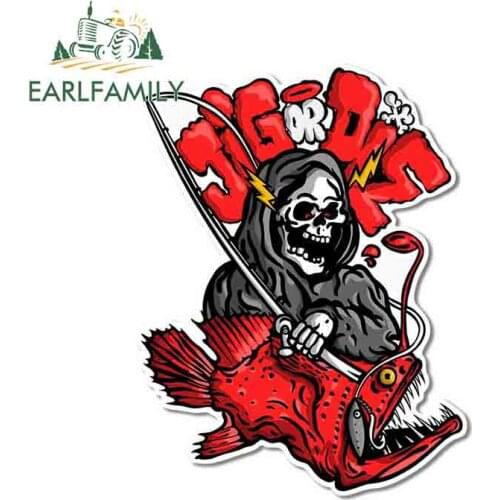 EARLFAMILY 13cm x 9.9cm for Jig or Die Fish Vinyl Car Sticker Air Conditioner Surfboard Waterproof Scratch-proof Trunk Decal