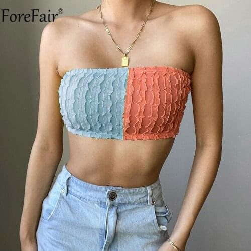 Forefair 2021 Backless Summer Sexy Top Tank Women Off Shoulder Patchwork Blue Green Strapless Y2k Tube Crop Top Beach Casual