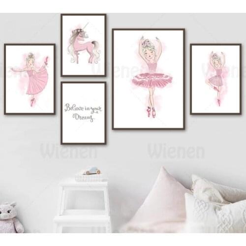 Pink Ballet Dance Girl Poster Unicorn Dream Quotes Cartoon Wall Art Nursery Canvas Painting Nordic Picture Girl Baby Room Decor
