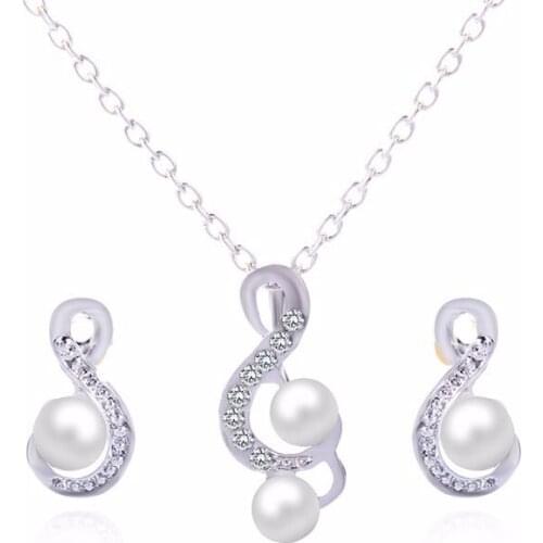 Hot Sale White Simulated-pearl Jewelry Sets Necklace Pendant+Earring Per Set CZ Anniversary Dubai Jewelry Set Free Shipping