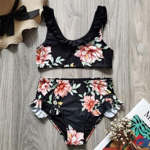 Tropical Floral Girl Swimsuit Kids Ruffle Two Piece Childrens Swimwear 5-12 Years Girl Bikini Set Girls Bathing Suit Beachwear
