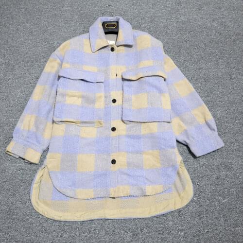 Autumn Winter Oversize Women Vintage Plaid Wool Shirts Jackets Coat Chic Pockets Loose Outwear Tops Streetwear Overcoats Female