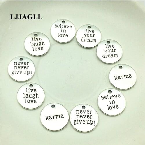 LJJAGLL 10pcs Metal Alloy Silver 19*19mm Mix 5kinds Letter Charm Love Word Round Plate Pendant Diy Jewelry Make AZP005