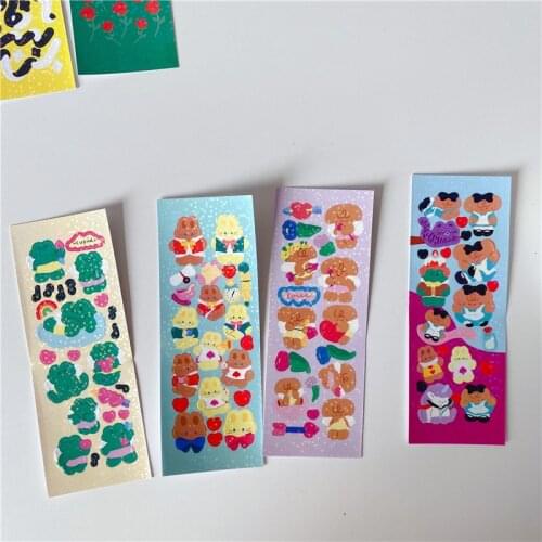 Korean Ins Cartoon Bear Cute Stickers Colorful Ribbon Creative Laser Kawaii Collage Photo Card Stationery DIY Decorative Sticker