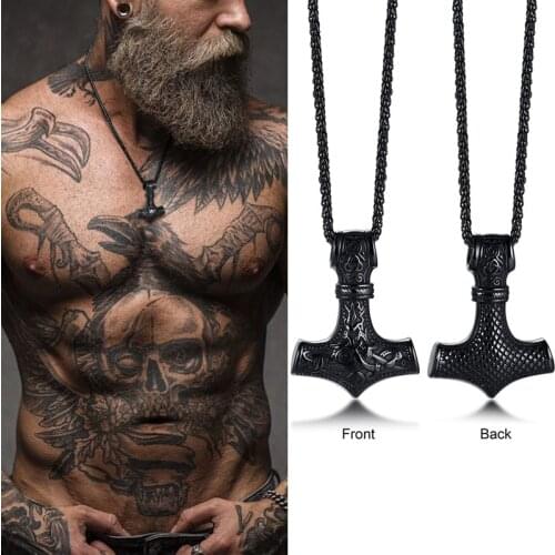 Mjolnir The Hammer of Thor Norse Pagan Symbol Pendant Necklace Stainless Steel Double Sided Dragon Design Viking Jewelry