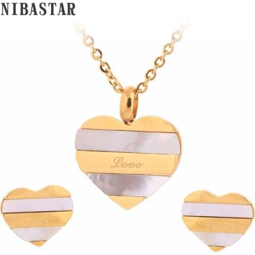 Fashion New Arrival Stainless Steel Heart Jewelry Gold-Color Wedding Shell Jewelry Sets with necklaces stud earrings for women