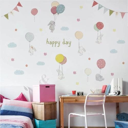 Cartoon Rabbit Balloon Cloud Flower Wall Stickers Bedroom Nursery Home Decor Animal Wall Decals Pvc Mural Art Diy Poster
