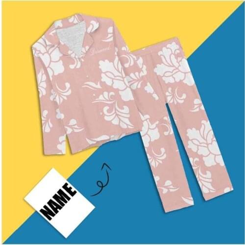 Custom Name Floral Print Soft Simple Design Sleepwear Women Nightwear Personalized Female Indoor Girl Long Soft Pajama Set Suit