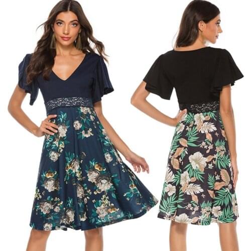 New Fahionable Beautiful Spring And Summer Casual Deep V Collapse Flower Sleeve Slim Ladies Long Dress