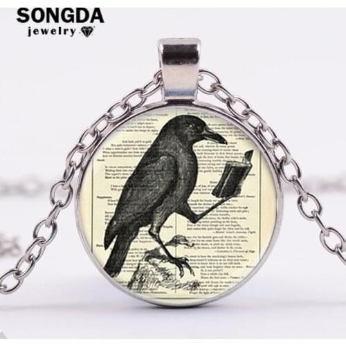 SONGDA Goth Animal Raven Necklace Personality Crow Reading Book Creative Pattern High Quality Glass Cabochon Necklaces Pendants