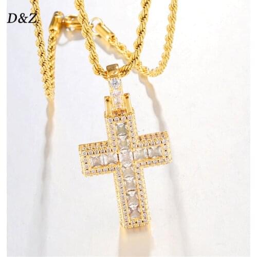 D&Z Hip Hop Baguette Cross Pendants In Gold Color Soild Back Pendant Iced Out Cubic Zircon Stones Men Hip Hop Rock Jewelry