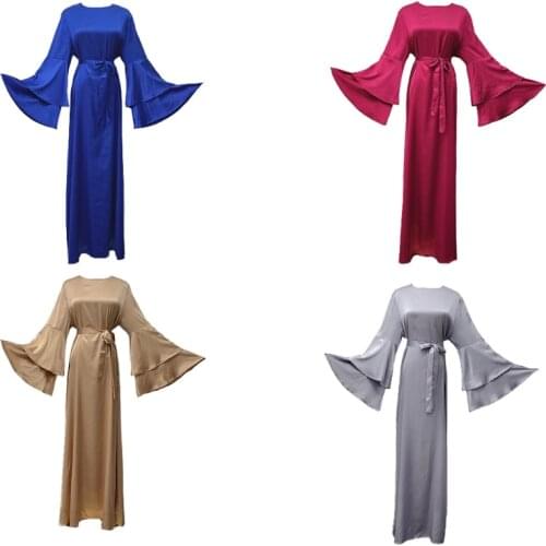 Ramadan Eid Maxi Dress Flare Long Sleeve Abaya Muslim Kaftan Satin Robe Gown