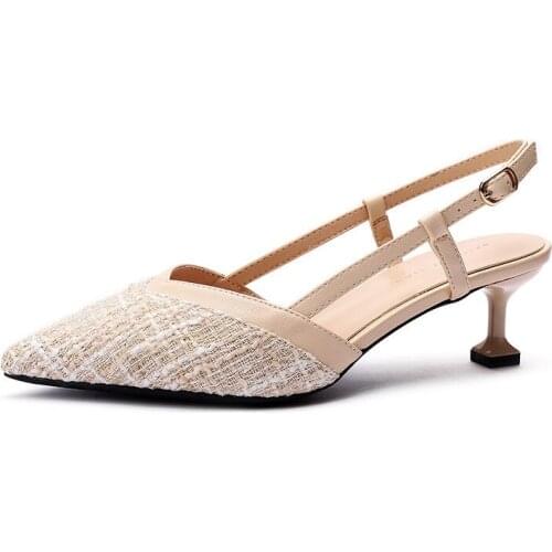 Women Sandals Ladies Flock Buckle Strap 5CM Thin High Heels Pointed Toe Shallow Back Strap sandal for women shoes size 35-42