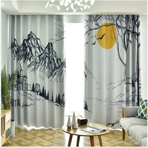 Grey curtains Modern minimalist Chinese printing custom curtains bedroom windshield blackout curtains