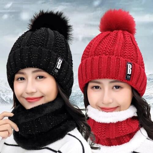 2 Pieces Set Womens Knitted Hat Scarf Winter Thicker Warm Fleece Letter Beanies Skullies Hat Female Outdoor Riding Sets Caps