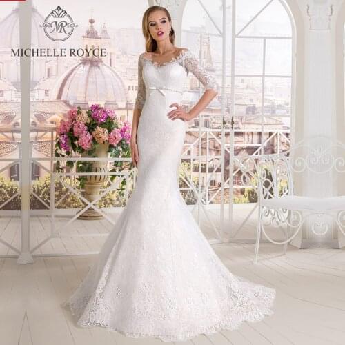 Michelle Royce Mermaid Wedding Dresses 2020 V-Neck Appliques Empire Sashes Bow Button Court Train Bride Gowns Vestido De Novia
