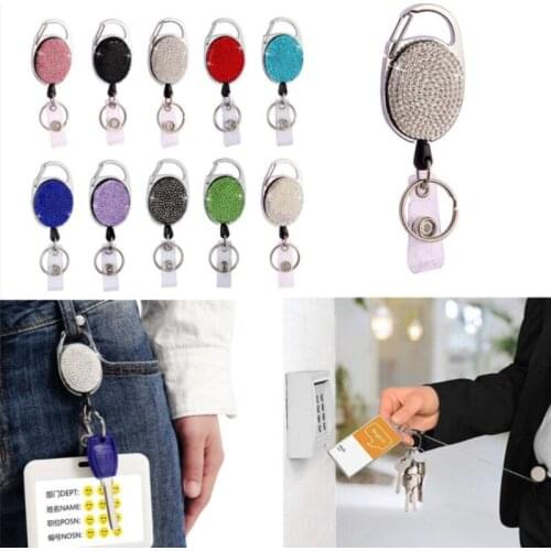 Egg Shape Diamond Embellish Retractable ID Badge Reel Keychain for Female Girls Name Badge Tag Clip Staff Work Card Holder Clip