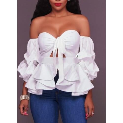 Slash Neck Sweetheart Off Shoulder Women Shirts Lantern Sleeve Hollow Out Bow Tied Peplum Blouse Ruffles Sexy Summer Top 2018