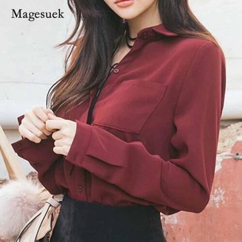 2020 Womens Single-breasted Tops and Blouses Plus Size Loose Shirt Chiffon Long-sleeved pocket Shirt Blusas Mujer De Moda 2246