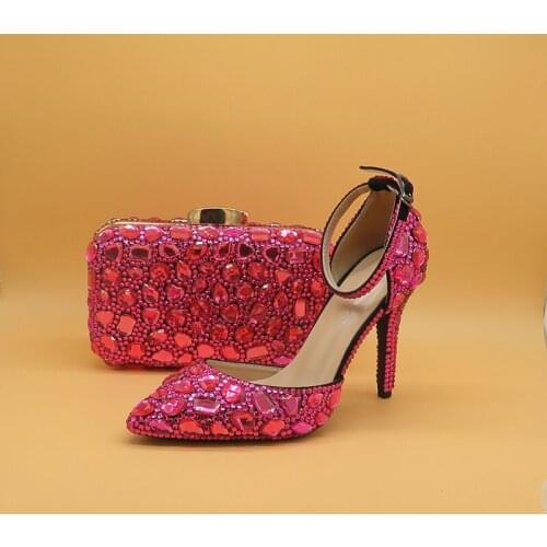Woman Wedding shoes with matching bags fucshia Crystal Ladies Luxury Wedding shoes Bride High heel Platform shoes and bags