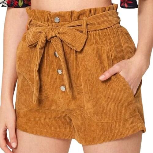 Women Corduroy Wide-leg Short Pants 2020 Summer Women Retro Elastic Waist With Belt Casual Loose Shorts With Pocket Femme