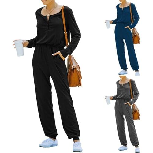 IMCUTE Black Pleated Long Sleeve Jumpsuit Womens V-neck Straight Slim Pencil Pants Street Casual Sweatpants Pocket Trousers