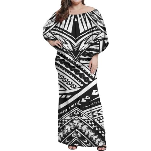 Hycool Polynesian Tribal Print Stripe Black Dress Ruffle Off Shoulder Bodycon Long Party Maxi Dress Plus Size Prom Dresses Women