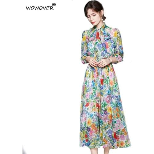 Runway Fashion Bow Collar Floral Print Summer Midi Holiday Chiffon Dress Women Elegant Vintage Vestidos Aline Beach Robe Femme