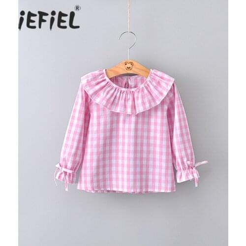 2021 Spring Baby Girls Long Sleeve Blouse Children Plaid Ruffles Collar Shirt Top Kids Flare Sleeve Pullover Girls Clothes