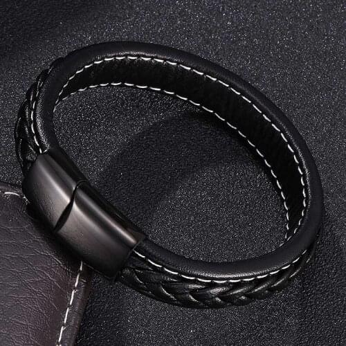 Black Leather Bracelet Men Black Stainless Steel Magnetic Clasps Male Wrist Band Fashion Jewelry Bangles Gifts S0019H